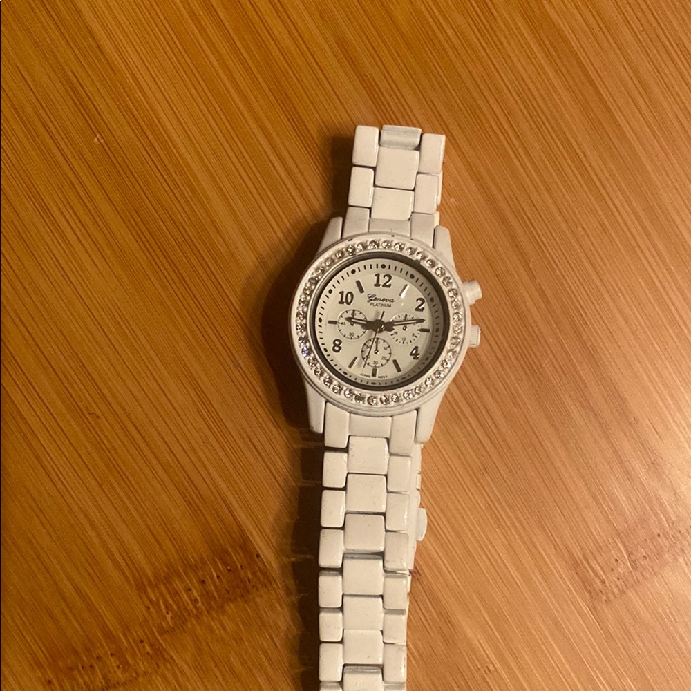 White Geneva Watch with Rhinestone Bezel